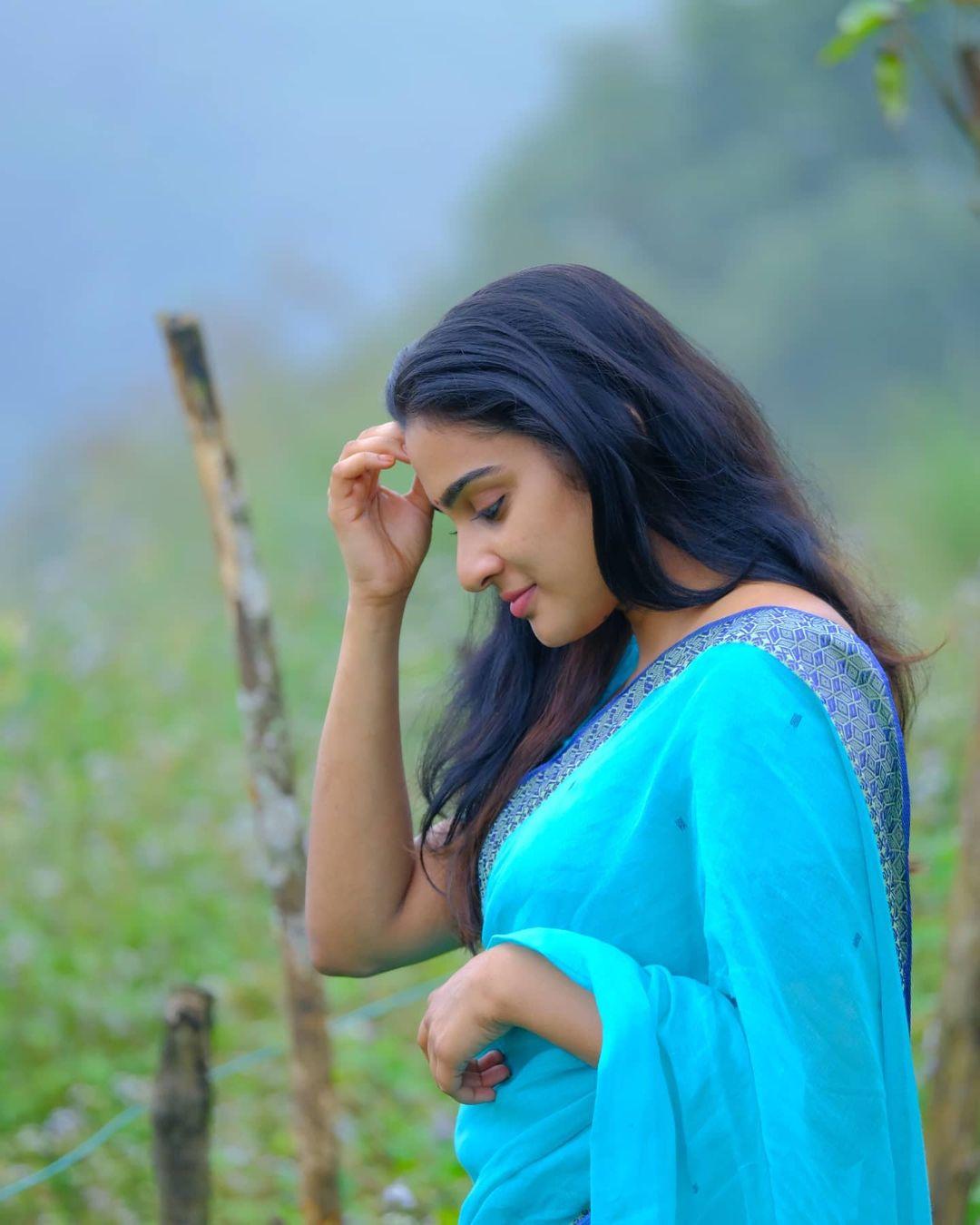 Malayalam actress Aditi Ravi in blue saree hot photos gallery | Aditi Ravi in transparent saree hot photos gallery