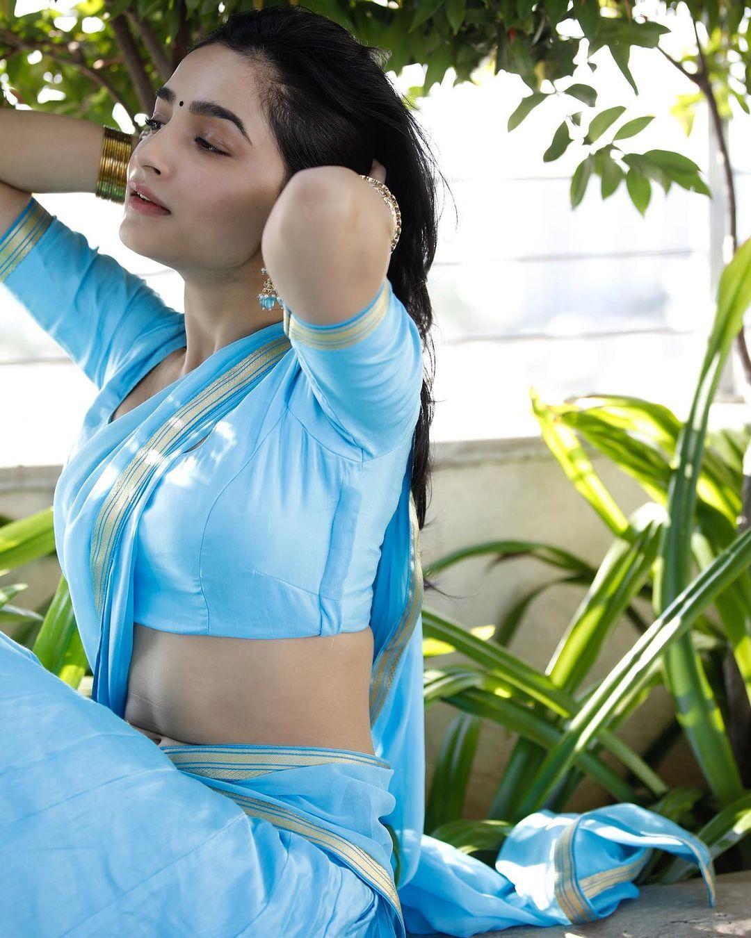 Vishakha Dhiman in blue saree exposing hot photos gallery | very glamorous and cute stills