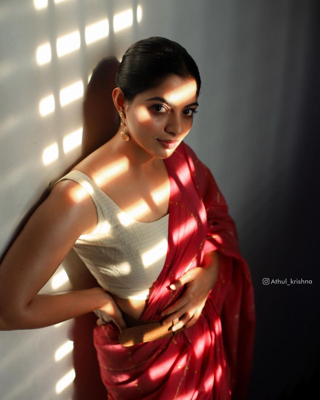 Malayalam Actress Nikhila Vimal in latest fashion sleeveless blouse and saree photos | beautiful and glamours photos