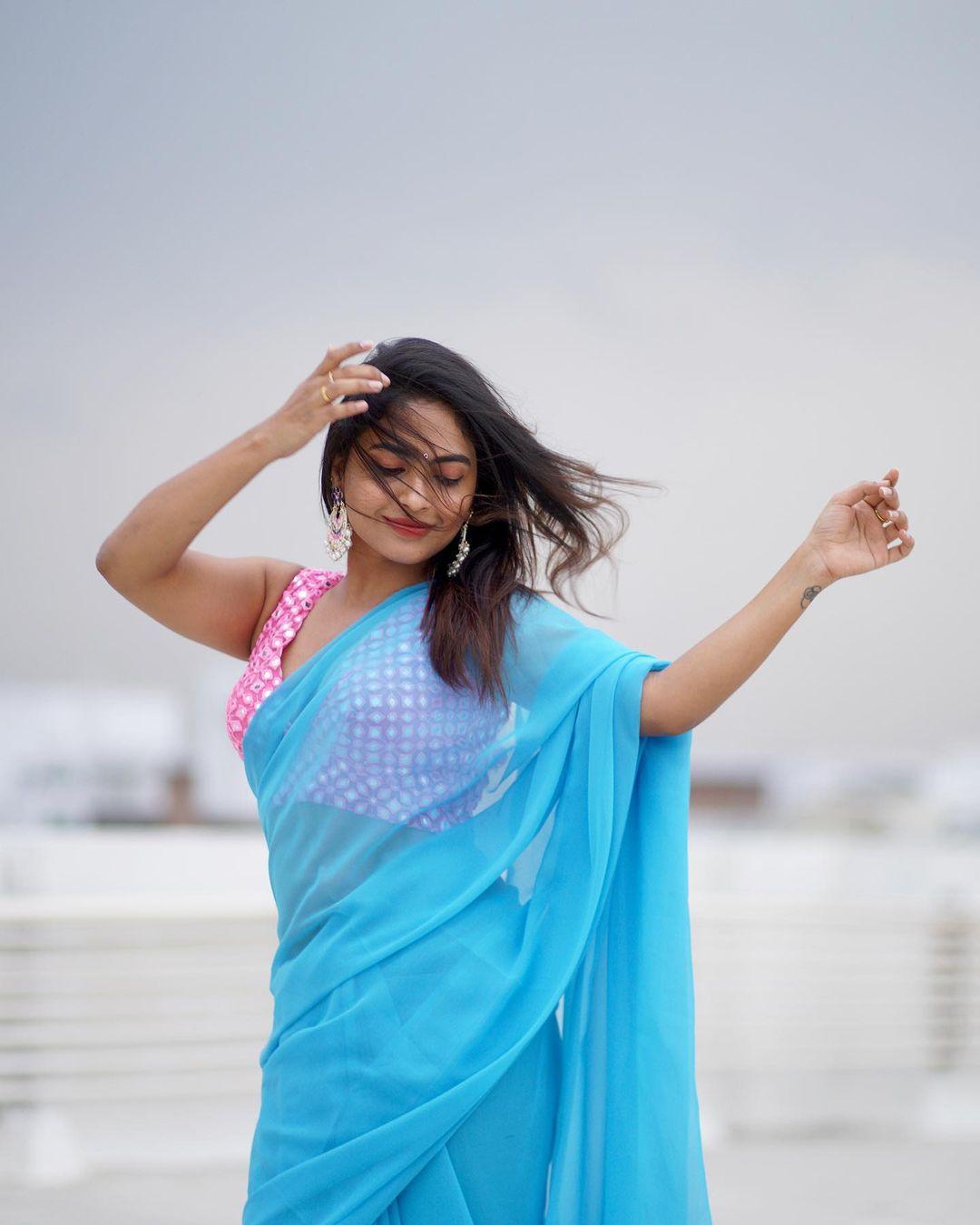 Telugu Actress Alekhya Harika in blue transparent saree hot photos| Telugu Actress hot photos