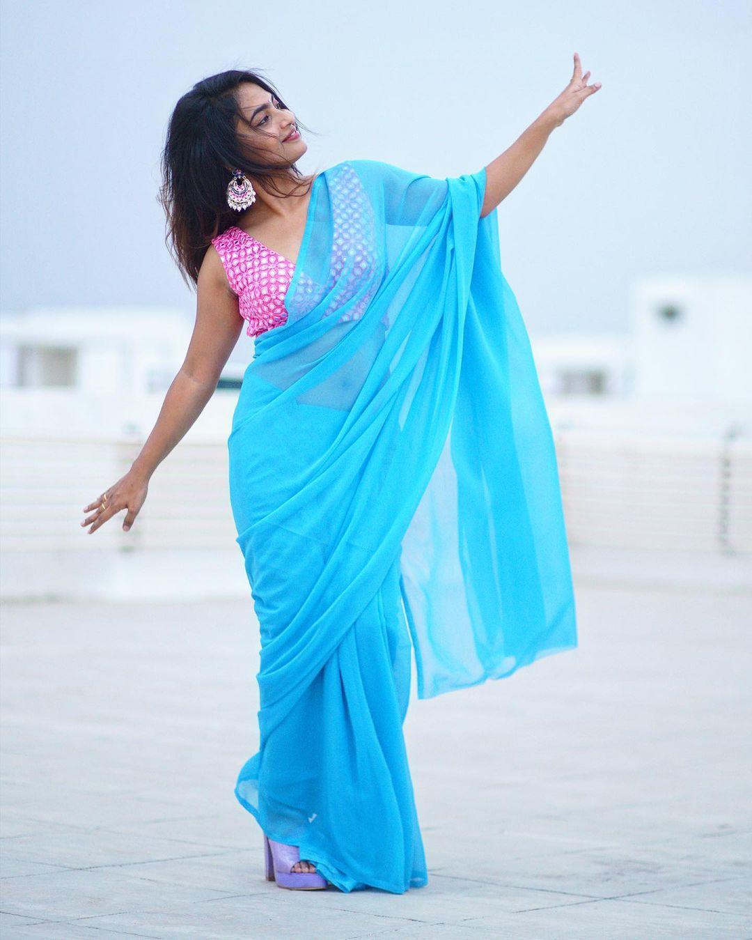 Telugu Actress Alekhya Harika in blue transparent saree hot photos| exclusive hot and sexy photoshoot