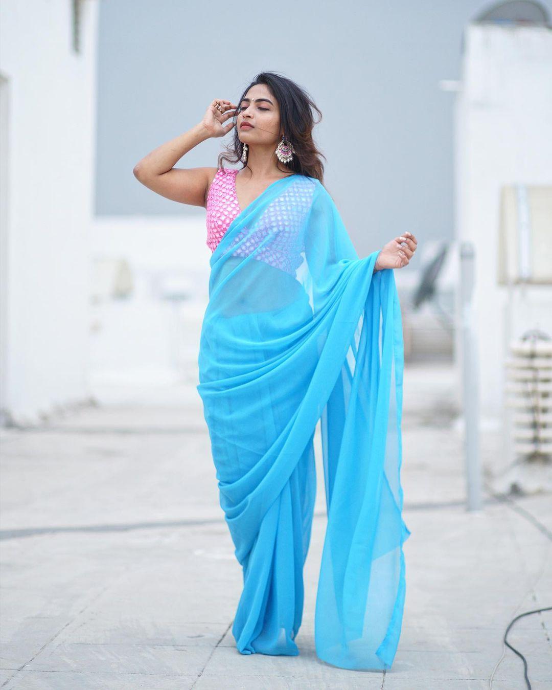Telugu Actress Alekhya Harika in blue transparent saree hot photos| exposing very hot and sexy photoshoot