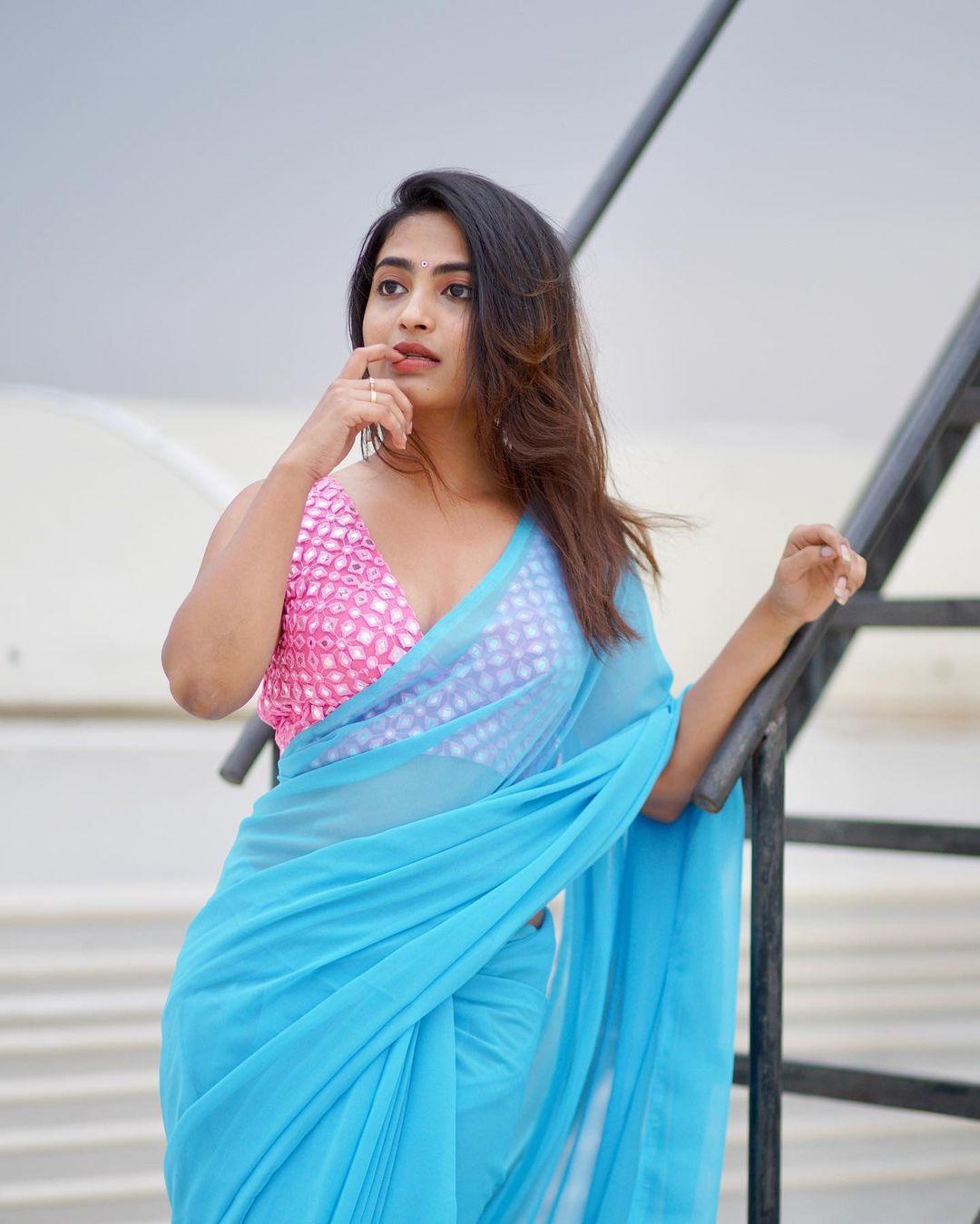 Telugu Actress Alekhya Harika in blue transparent saree hot photos| looking very attractive and glamours stills