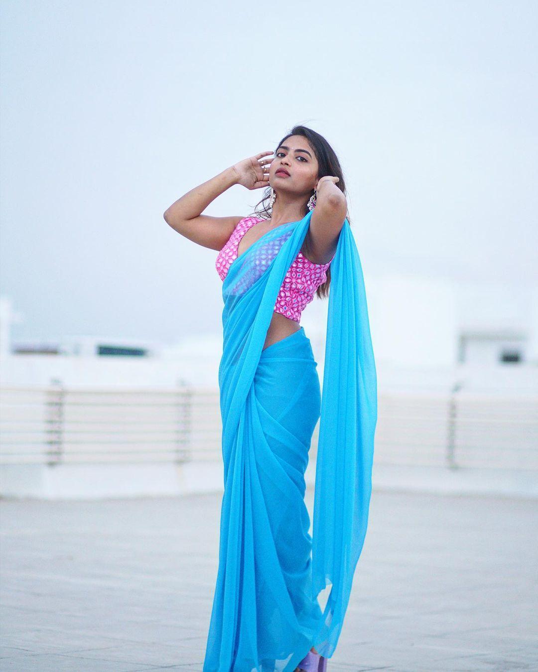 Telugu Actress Alekhya Harika in blue transparent saree hot photos| new trends photos