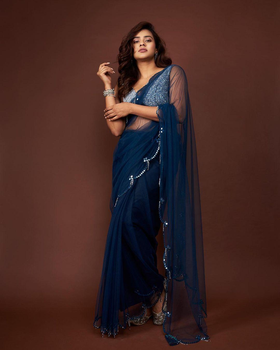 Beautiful and glamours photos | Hebah Patel in blue transparent saree hot photos gallery