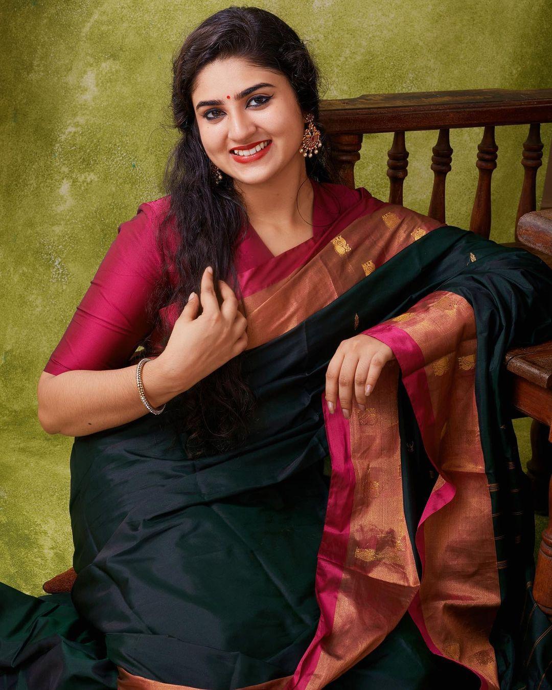 Glamorous and cute stills | Krittika Pradeep in saree very glamorous and sexy photoshoot