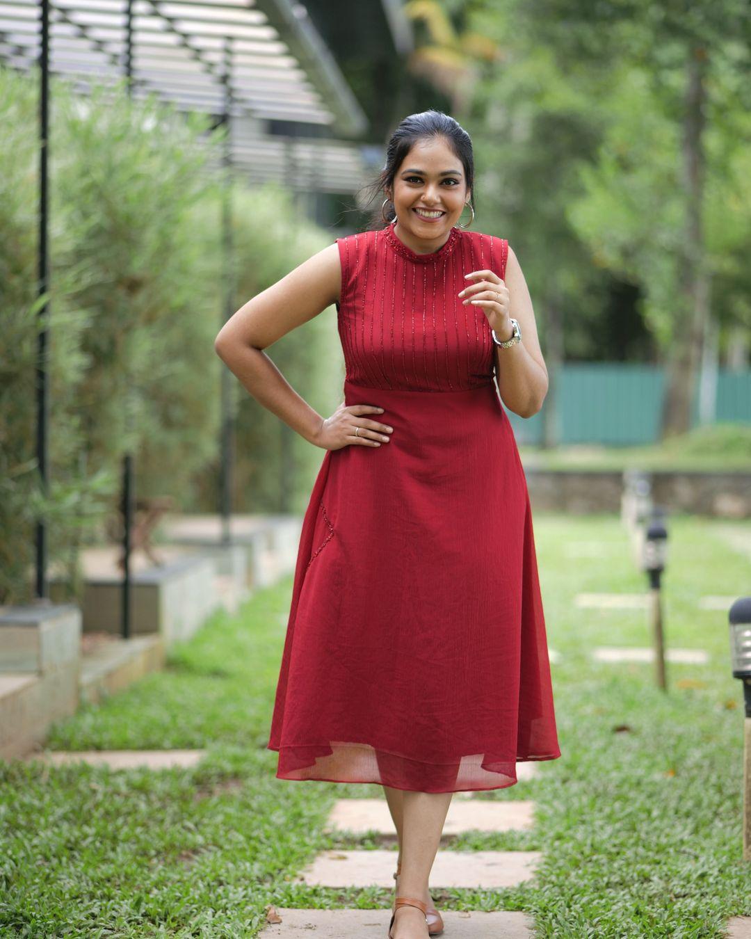 Exclusive hot and spicy photos | Rebecca Santhosh looking very attractive and cute stills in Red dress