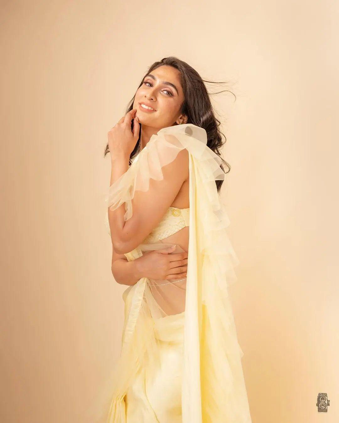 Looking very attractive and cute stills | Deepti Sati wearing transparent yellow saree exposing photos