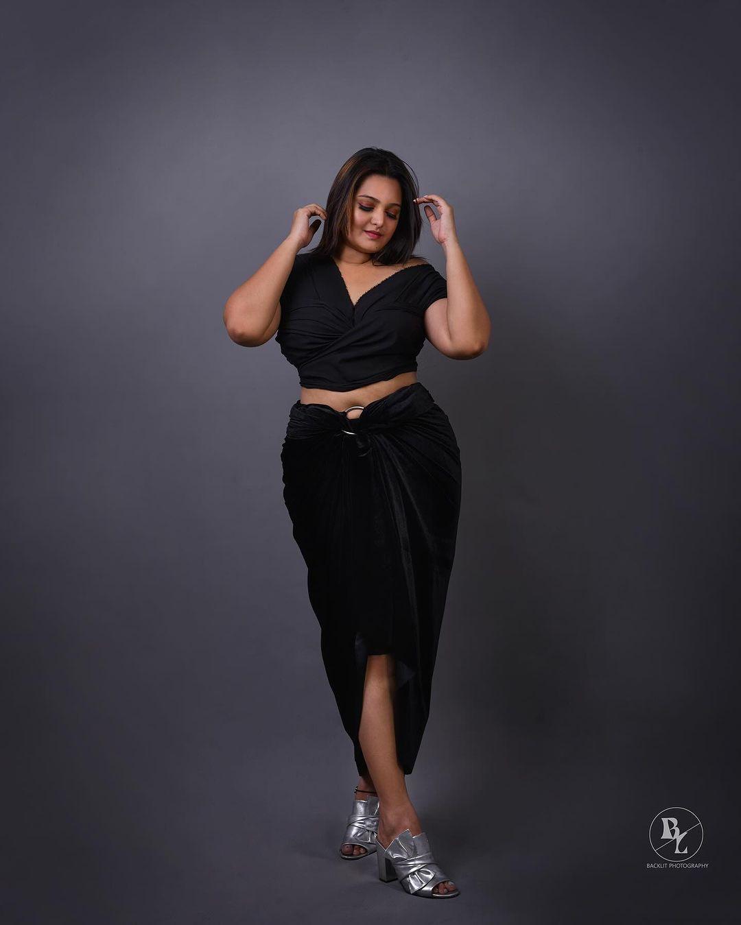 Glamorous cute stills | Sanuja Somanath in black dress hot and stills