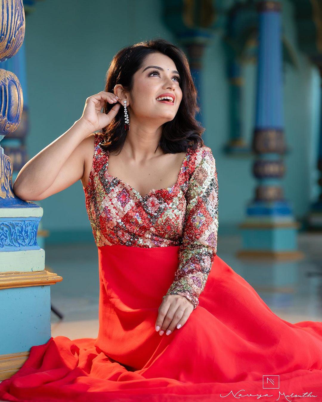 Glamorous and cute stills |Priyanka M Jain in red dress hot photos