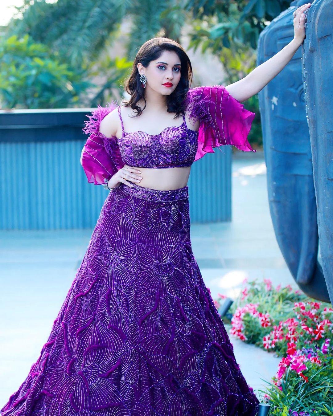 South Indian actress photos | Surbhi looking very glamorous and cute stills in violet dress